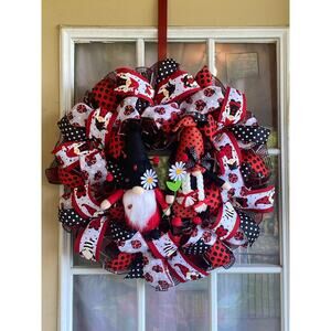 Ladybug Gnome Wreath Red Black White Mesh Polka Dot Door Decor Spring Summer 24”